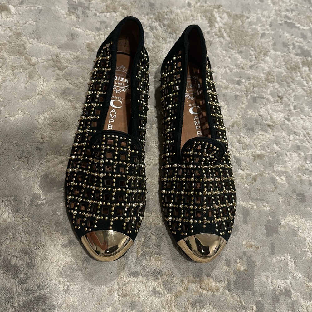 NEW Jeffery Campbell Black Suede Gold Studded Spiked Slip On Flats Shoes 7